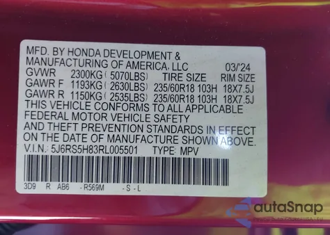 2024 Honda Cr-V Hybrid Sport-L z USA, uszkodzony, nr VIN 5J6RS5H83RL005501